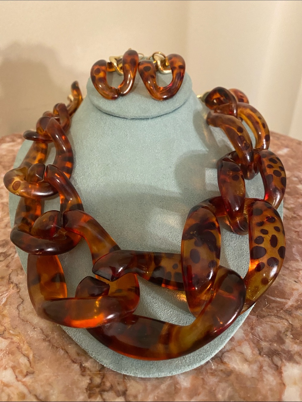Chunky Tortoiseshell Resin Link Necklace and Earring Set - Amber Brown